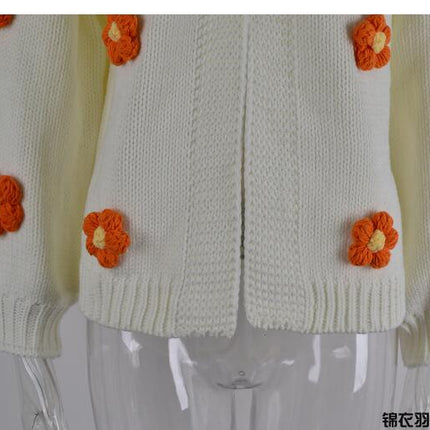 Women's Lantern Sleeve Floral Cardigan Sweater Knit Top V-Neck Jacket