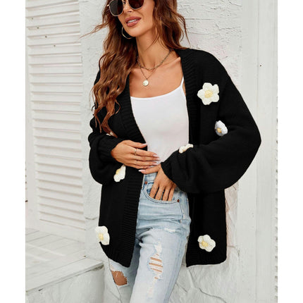 Women's Lantern Sleeve Floral Cardigan Sweater Knit Top V-Neck Jacket