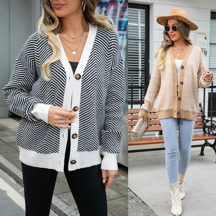 Women's Black and White Striped Cardigan Sweater Colorblocked Button Knit Top V-Neck Jacket