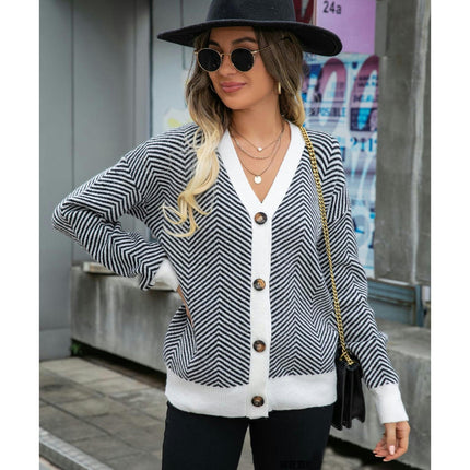 Women's Black and White Striped Cardigan Sweater Colorblocked Button Knit Top V-Neck Jacket