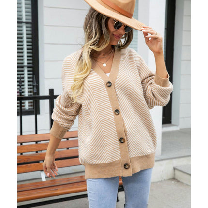 Women's Black and White Striped Cardigan Sweater Colorblocked Button Knit Top V-Neck Jacket