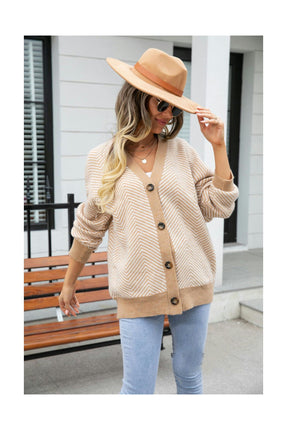Women's Black and White Striped Cardigan Sweater Colorblocked Button Knit Top V-Neck Jacket