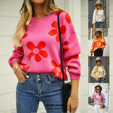 Women's Ribbed Knit Long Sleeve Top Floral Drop Shoulder Loose Sweater