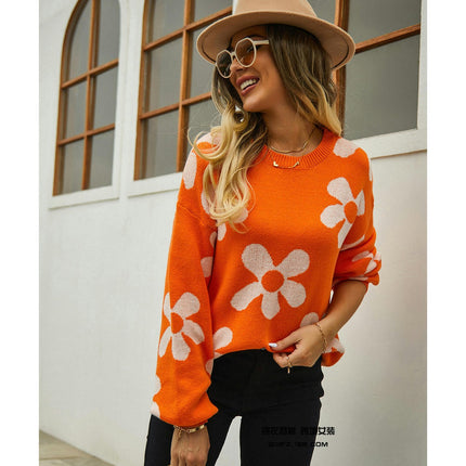 Women's Ribbed Knit Long Sleeve Top Floral Drop Shoulder Loose Sweater