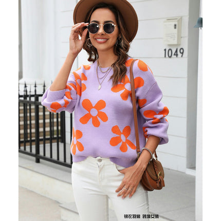 Women's Ribbed Knit Long Sleeve Top Floral Drop Shoulder Loose Sweater