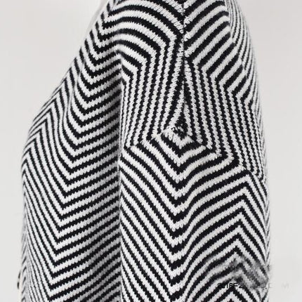 Women's Black and White Striped Cardigan Sweater Colorblocked Button Knit Top V-Neck Jacket