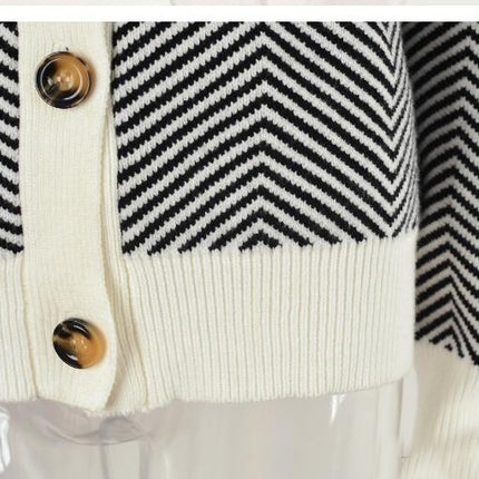 Women's Black and White Striped Cardigan Sweater Colorblocked Button Knit Top V-Neck Jacket