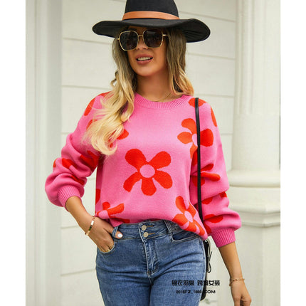 Women's Ribbed Knit Long Sleeve Top Floral Drop Shoulder Loose Sweater