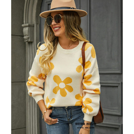 Women's Ribbed Knit Long Sleeve Top Floral Drop Shoulder Loose Sweater