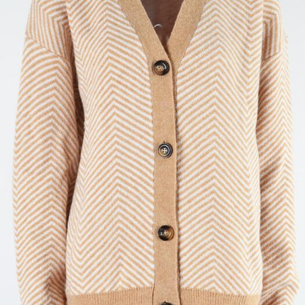 Women's Black and White Striped Cardigan Sweater Colorblocked Button Knit Top V-Neck Jacket