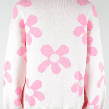 Women's Ribbed Knit Long Sleeve Top Floral Drop Shoulder Loose Sweater