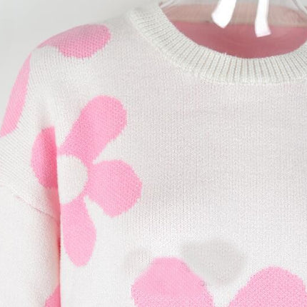 Women's Ribbed Knit Long Sleeve Top Floral Drop Shoulder Loose Sweater
