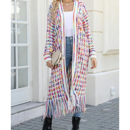 Women's Striped Fringed Cardigan Colorful Extra Long Knit Cardigan Sweater Jacket