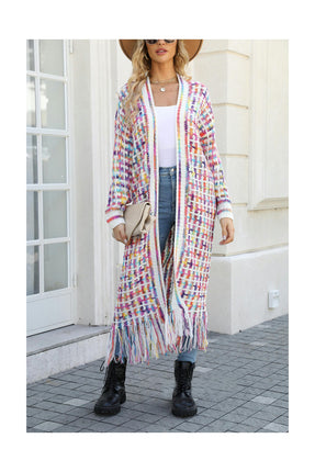 Women's Striped Fringed Cardigan Colorful Extra Long Knit Cardigan Sweater Jacket