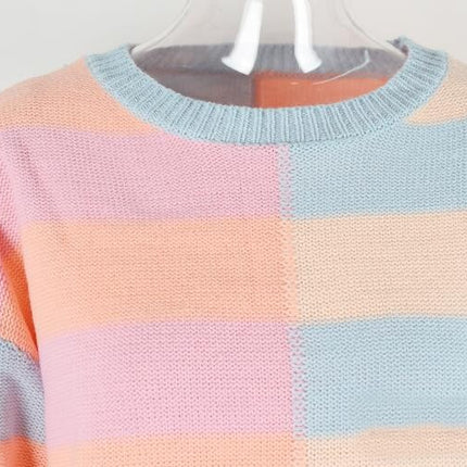 Women's Colorful Stripe Patchwork Basic Crew Neck Knit Pullover Sweater