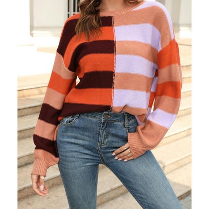Women's Colorful Stripe Patchwork Basic Crew Neck Knit Pullover Sweater