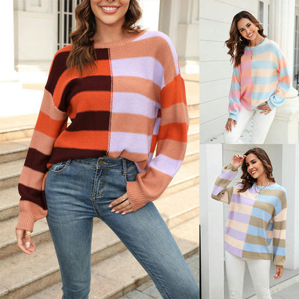 Women's Colorful Stripe Patchwork Basic Crew Neck Knit Pullover Sweater