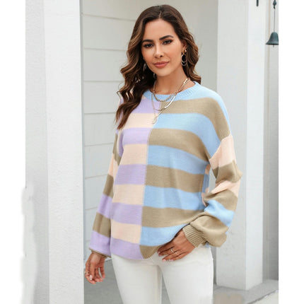 Women's Colorful Stripe Patchwork Basic Crew Neck Knit Pullover Sweater