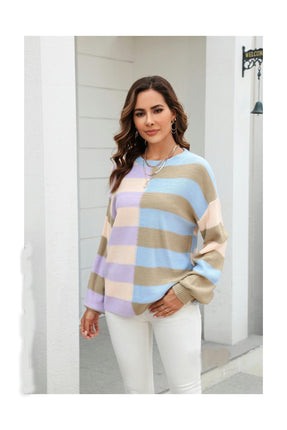 Women's Colorful Stripe Patchwork Basic Crew Neck Knit Pullover Sweater