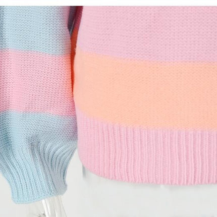 Women's Colorful Stripe Patchwork Basic Crew Neck Knit Pullover Sweater