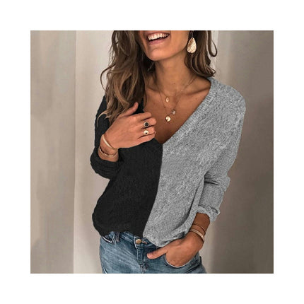 Women's Long Sleeve Sweater Patchwork V-Neck Fashion Personalized Knit Sweater Sweater