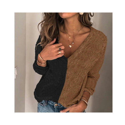 Women's Long Sleeve Sweater Patchwork V-Neck Fashion Personalized Knit Sweater Sweater