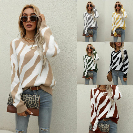 Womens Sweater Pullover Casual Long Sleeve Crewneck Color Block Pullover Knit Sweater