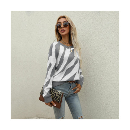 Womens Sweater Pullover Casual Long Sleeve Crewneck Color Block Pullover Knit Sweater