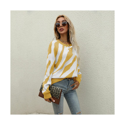 Womens Sweater Pullover Casual Long Sleeve Crewneck Color Block Pullover Knit Sweater
