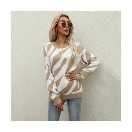 Womens Sweater Pullover Casual Long Sleeve Crewneck Color Block Pullover Knit Sweater