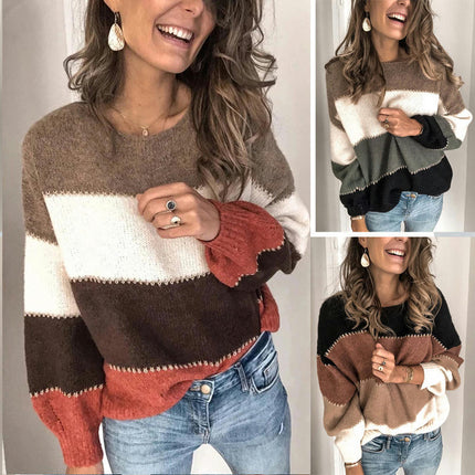 Women's Pullover Sweater Multi-color Patchwork Round Neck Loose Knit Long Sleeve Sweater