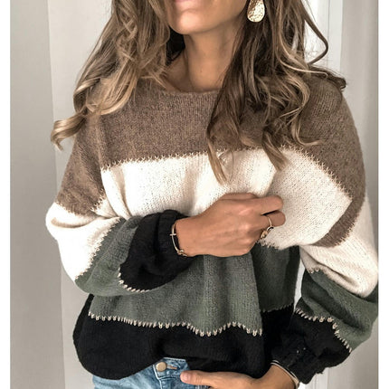 Women's Pullover Sweater Multi-color Patchwork Round Neck Loose Knit Long Sleeve Sweater