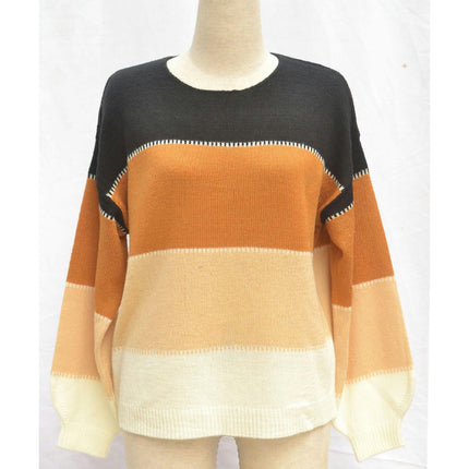 Women's Pullover Sweater Multi-color Patchwork Round Neck Loose Knit Long Sleeve Sweater