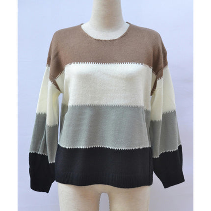 Women's Pullover Sweater Multi-color Patchwork Round Neck Loose Knit Long Sleeve Sweater