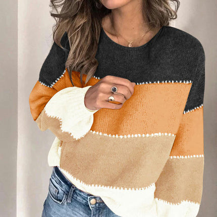 Women's Pullover Sweater Multi-color Patchwork Round Neck Loose Knit Long Sleeve Sweater