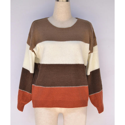 Women's Pullover Sweater Multi-color Patchwork Round Neck Loose Knit Long Sleeve Sweater
