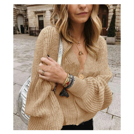Women's Short Long Sleeve Knit Sweater Solid Color Loose Ribbed Cuffs Button Sweater Cardigan