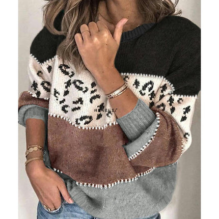 Women's Sweater Leopard Multi-color Patchwork Long Sleeve Pullover Knit Sweater