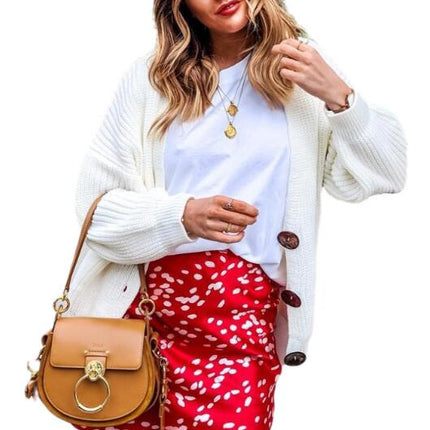 Women's Short Long Sleeve Knit Sweater Solid Color Loose Ribbed Cuffs Button Sweater Cardigan