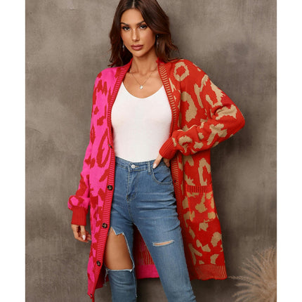 Women's Long Knitted Cardigan Deep V-Neck Leopard Print Patchwork Sweater Button Jacket