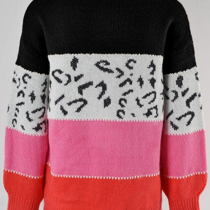 Women's Sweater Leopard Multi-color Patchwork Long Sleeve Pullover Knit Sweater