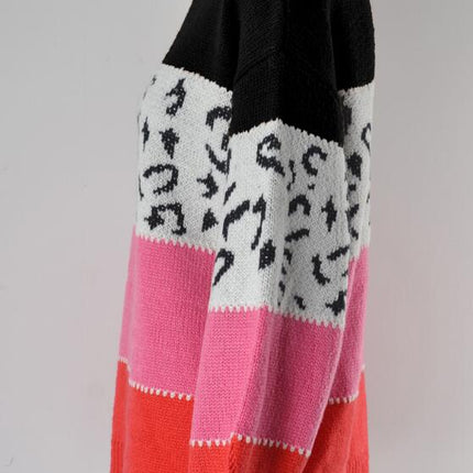 Women's Sweater Leopard Multi-color Patchwork Long Sleeve Pullover Knit Sweater