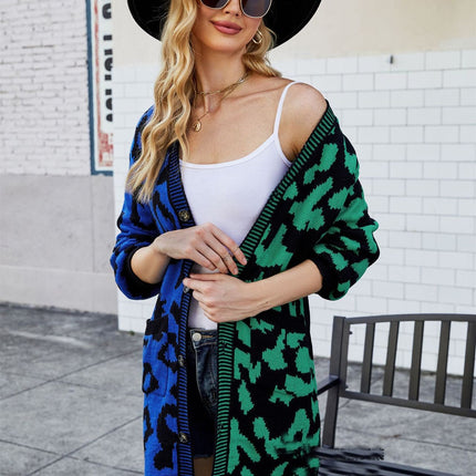 Women's Long Knitted Cardigan Deep V-Neck Leopard Print Patchwork Sweater Button Jacket