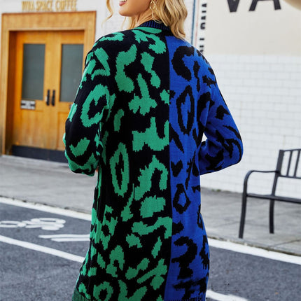 Women's Long Knitted Cardigan Deep V-Neck Leopard Print Patchwork Sweater Button Jacket