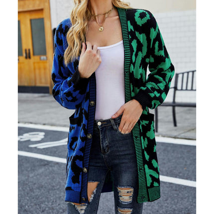 Women's Long Knitted Cardigan Deep V-Neck Leopard Print Patchwork Sweater Button Jacket