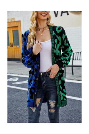 Women's Long Knitted Cardigan Deep V-Neck Leopard Print Patchwork Sweater Button Jacket