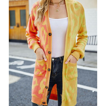 Women's Long Knitted Cardigan Deep V-Neck Leopard Print Patchwork Sweater Button Jacket