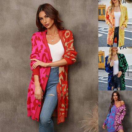 Women's Long Knitted Cardigan Deep V-Neck Leopard Print Patchwork Sweater Button Jacket