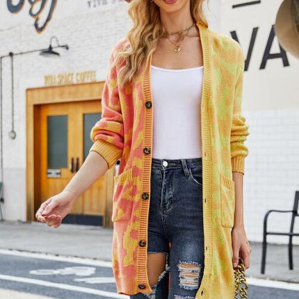 Women's Long Knitted Cardigan Deep V-Neck Leopard Print Patchwork Sweater Button Jacket