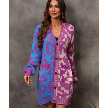 Women's Long Knitted Cardigan Deep V-Neck Leopard Print Patchwork Sweater Button Jacket